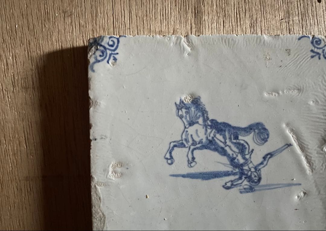 希少◆17世紀　オランダ　落馬の図　デルフトタイル　/ アンティーク　古道具