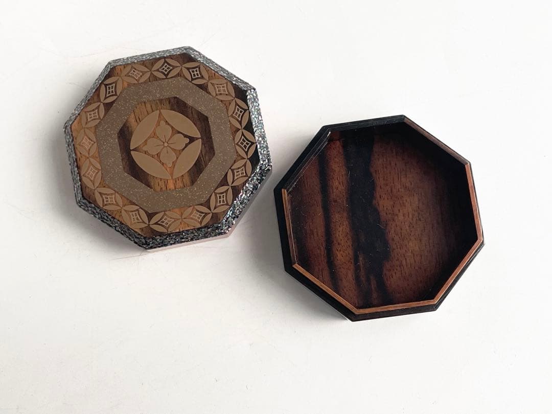 茶道具　茶平一斎　七宝八角香合　黒柿　木地香合　共箱　輪島塗　螺鈿　漆器