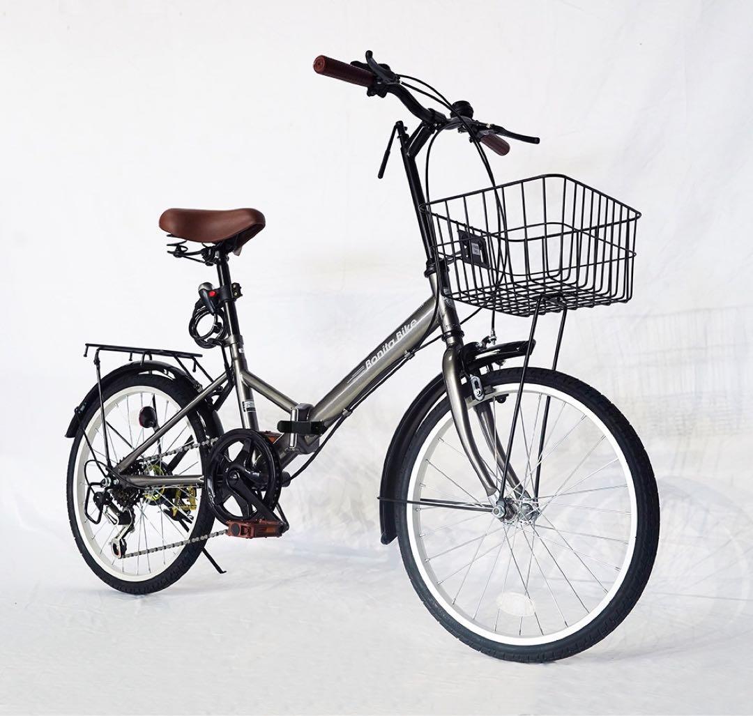 新品　折りたたみ自転車 20インチ 6段変速 カゴ・ライト・錠付き　グレー