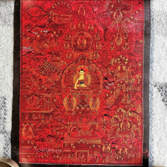 ブッタライフストーリー　ブッタの生涯：手描き　タンカ　仏画（額縁なし）