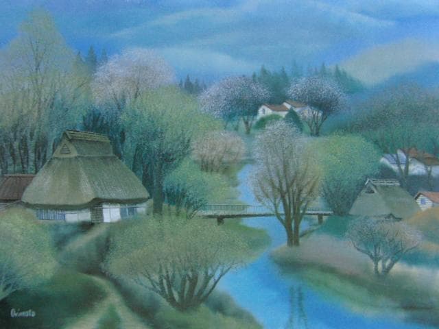 折本美祢子、里の流れ、希少な画集より、新品高級額・額装付