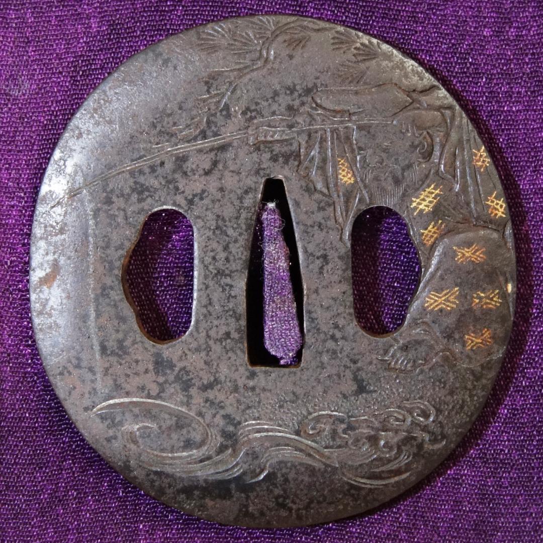 【太公望図鍔 片切彫】 鐔 鍔 刀装具 日本刀 武具 骨董 江戸 アンティーク