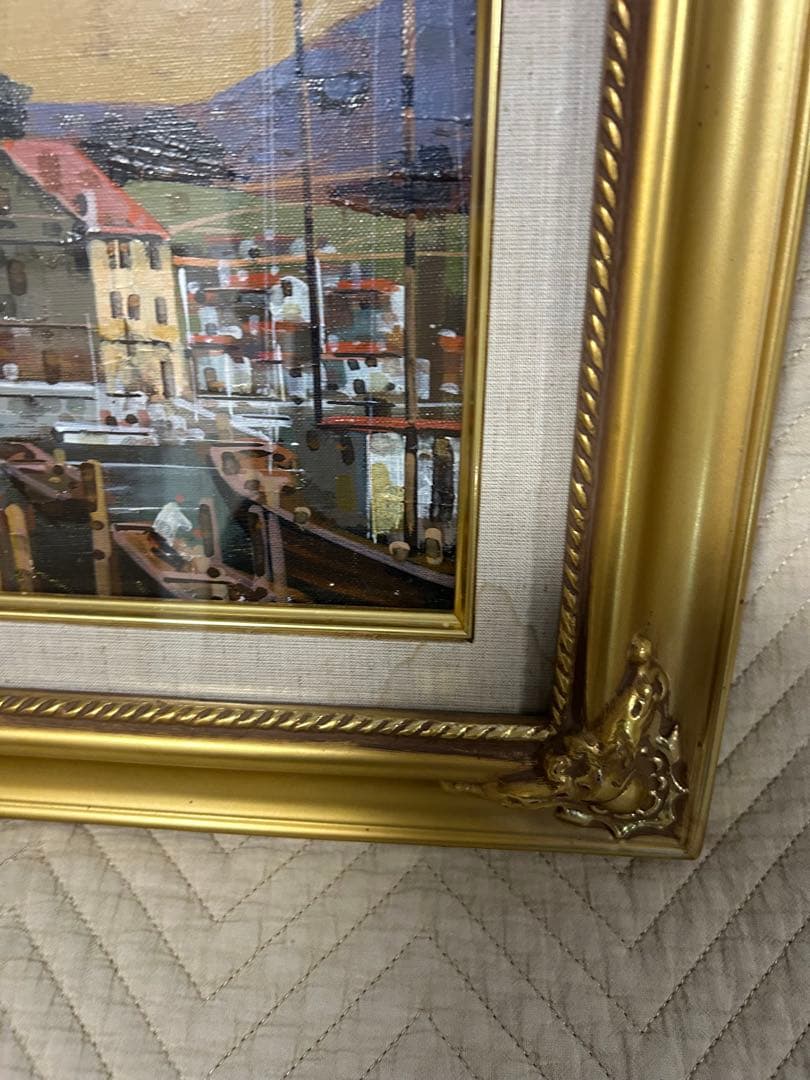 油絵　竹内敏彦　「スペインの港」　F4