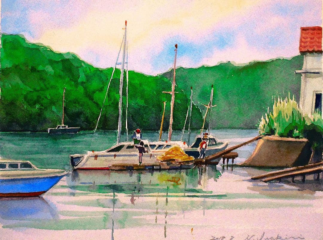 水彩画 ヨットハーバー油壺の風景 額装済み