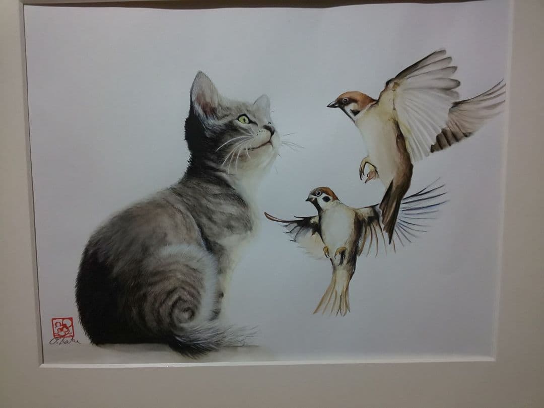 手書き 水彩画 絵画 猫とすずめ