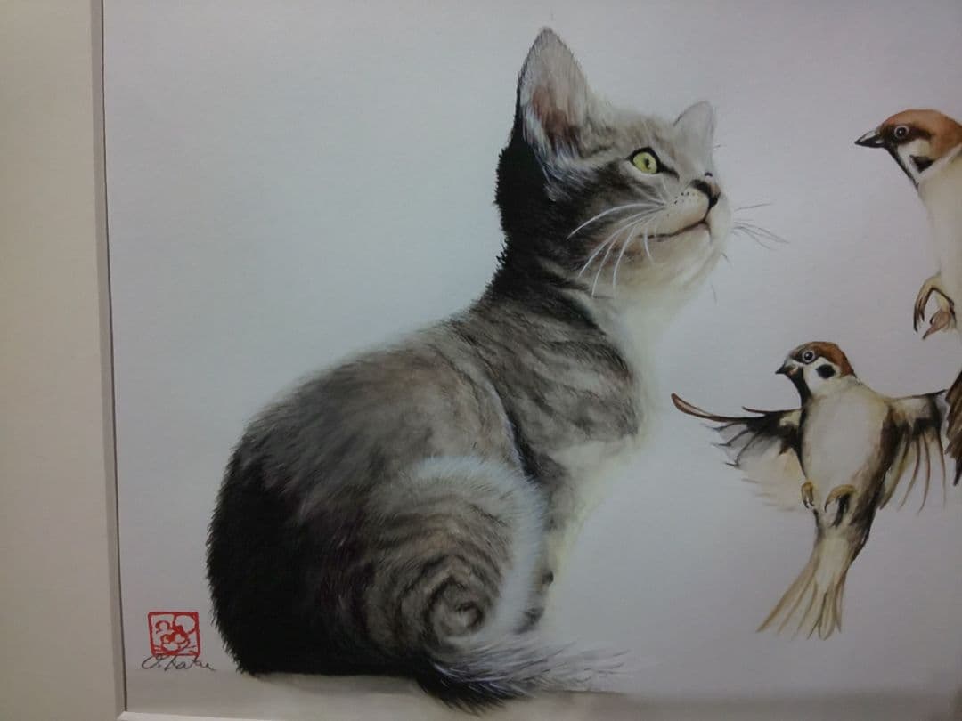 手書き 水彩画 絵画 猫とすずめ