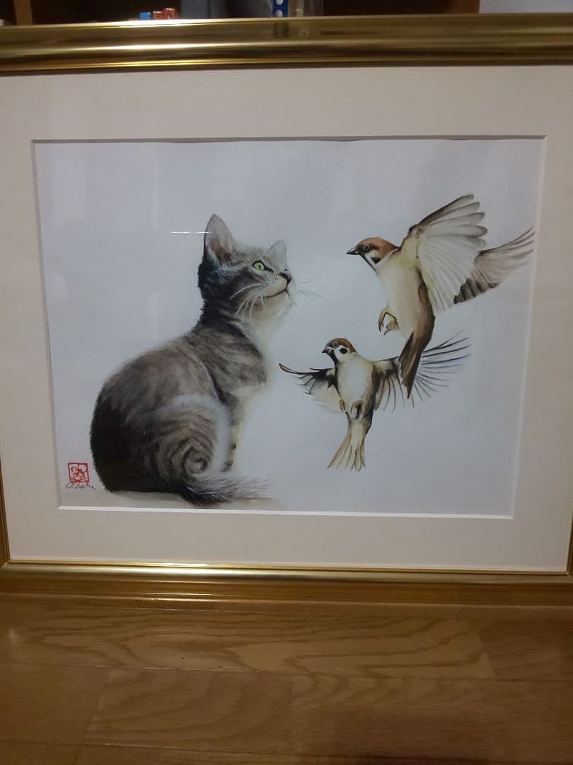 手書き 水彩画 絵画 猫とすずめ