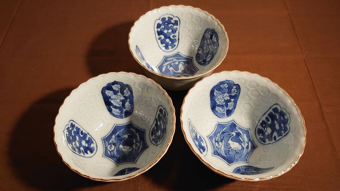 藍九谷　古九谷　染付　亀甲文　陽刻　江戸期　蔵出し　３客