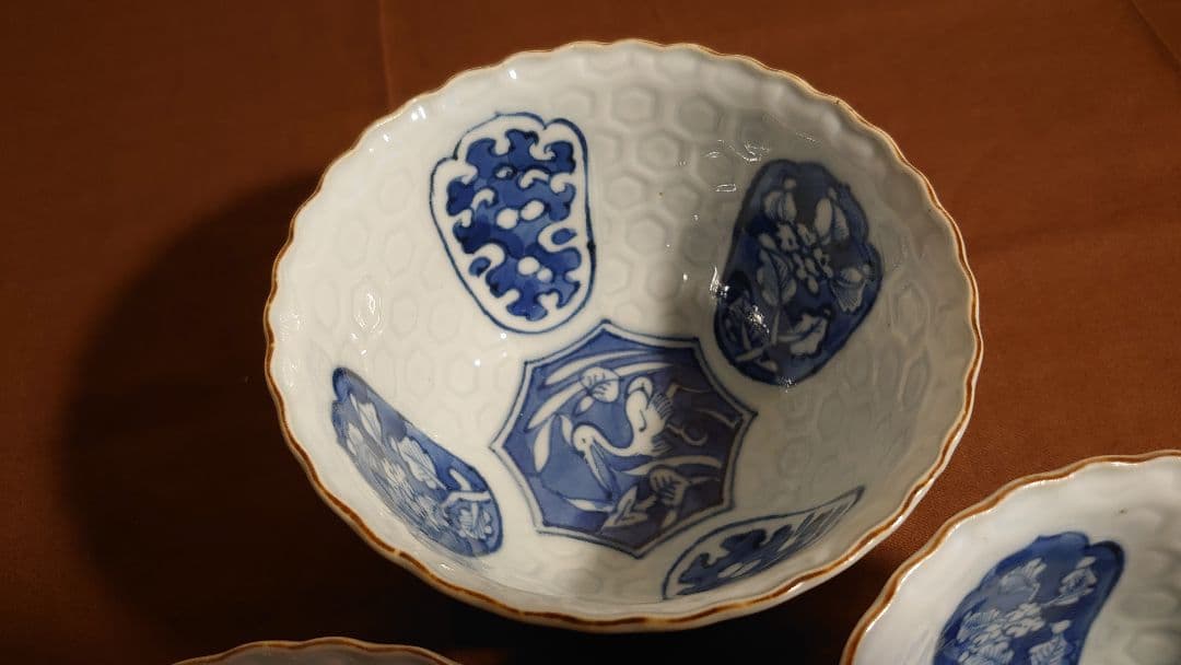 藍九谷　古九谷　染付　亀甲文　陽刻　江戸期　蔵出し　３客