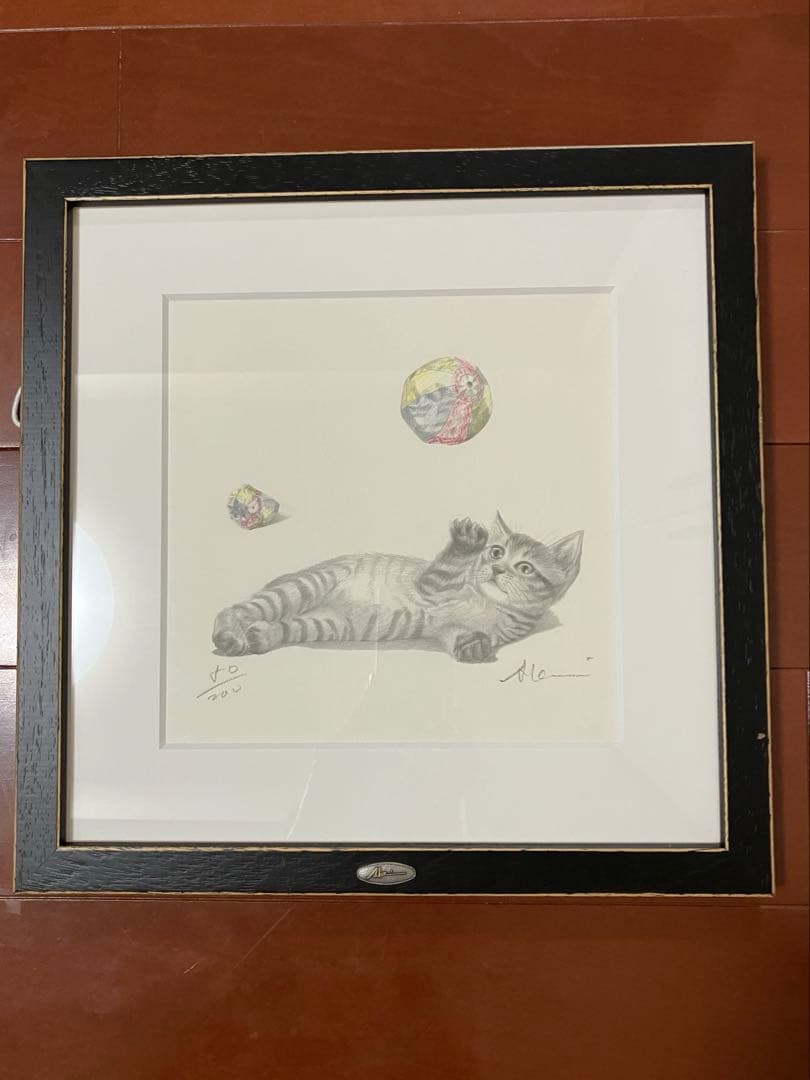 八代亜紀絵画　猫と紙ふうせん　木製フレーム付