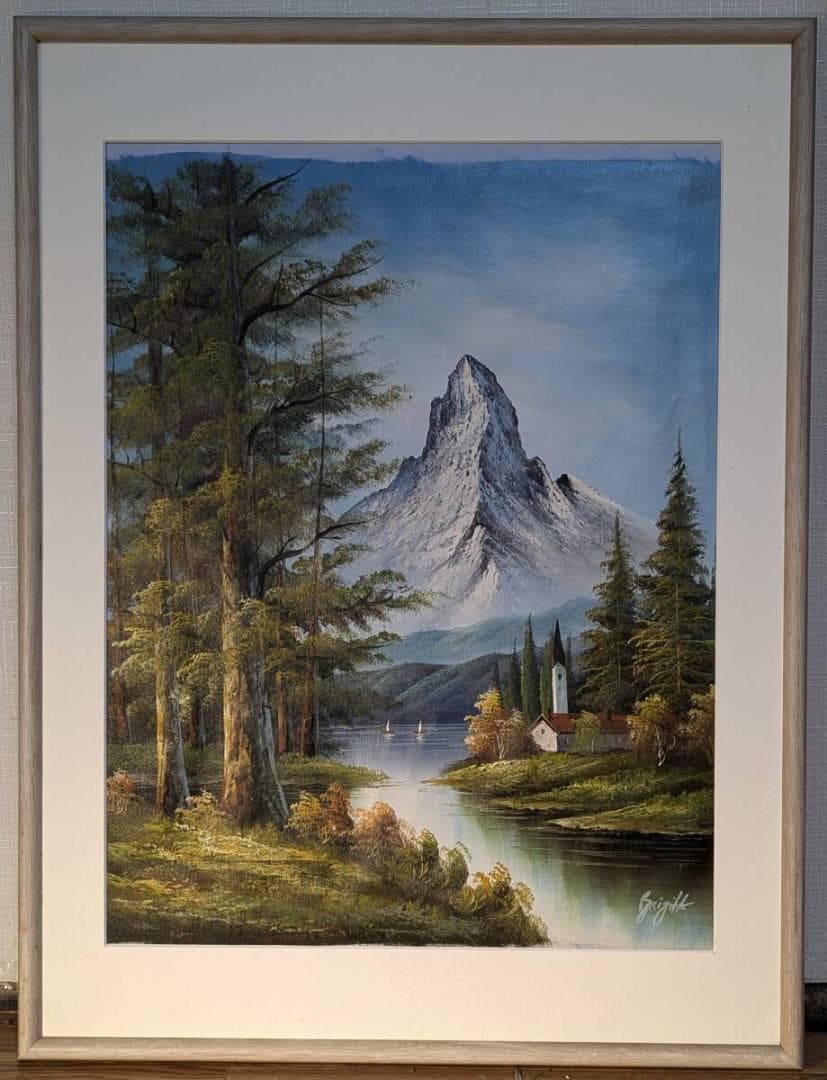 【真作】絵画　油彩　湖畔の教会とアルプス　風景画　洋画風景　W125