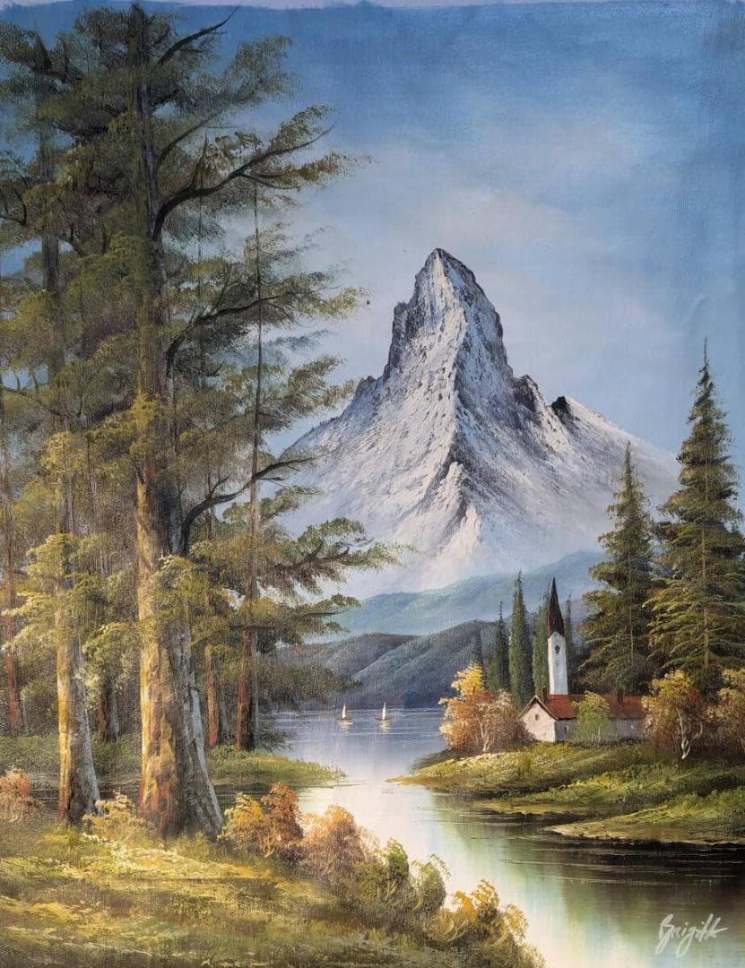 【真作】絵画　油彩　湖畔の教会とアルプス　風景画　洋画風景　W125