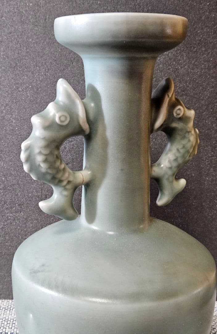 中国古美術　中国古陶磁器　鈞窯系　汝窯系　天青釉　双魚耳　大瓶　花入　オブジェ