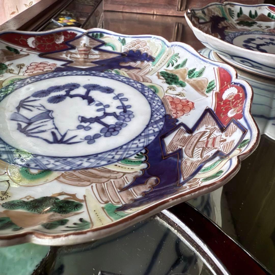 2226様感謝‼️最強運GOLD伊万里錦手　帆かけ舟❌山水❌米俵　在銘八寸皿2客