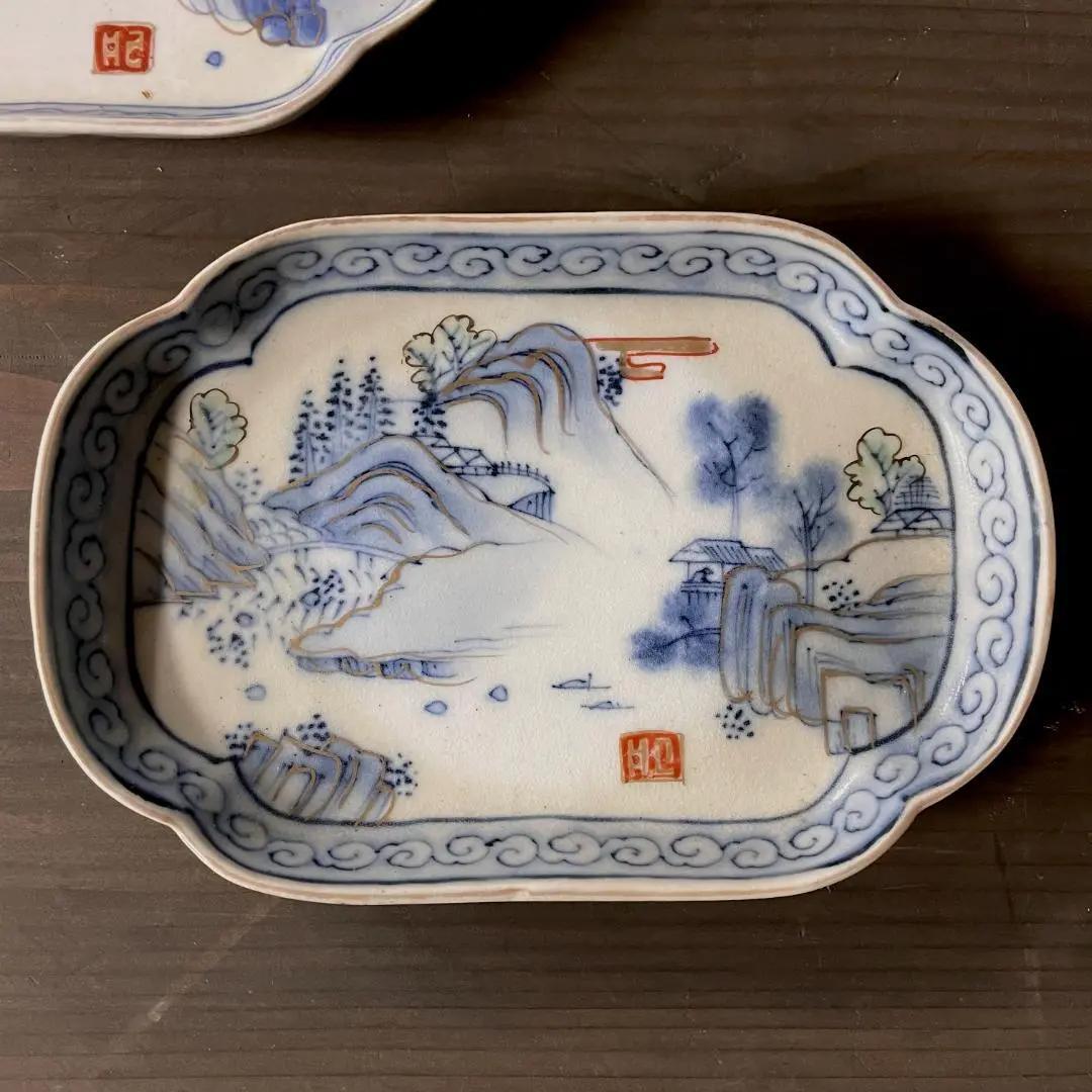 ◆129◆　＊江戸時代　古伊万里　山水画金彩染付長方皿　骨董　和食器　金彩　2枚