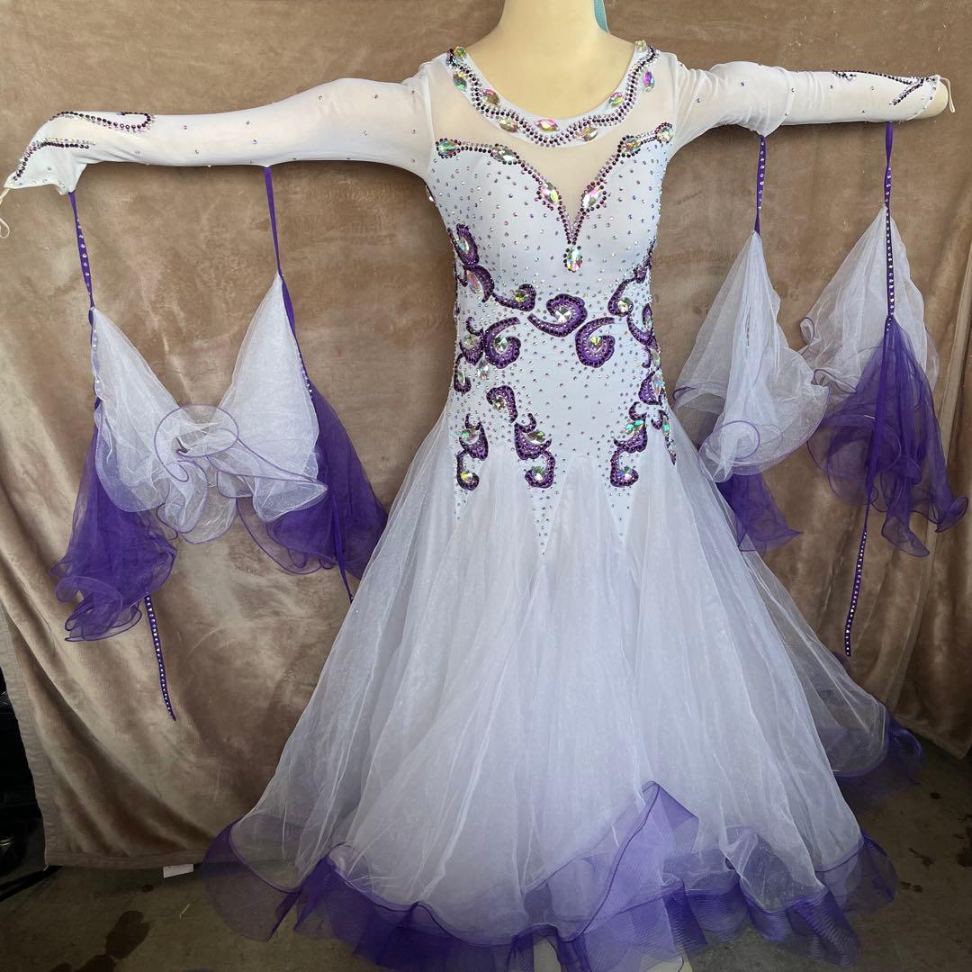 社交ダンス　ラテンダンス　ドレス衣装　レース　白　紫　S1121