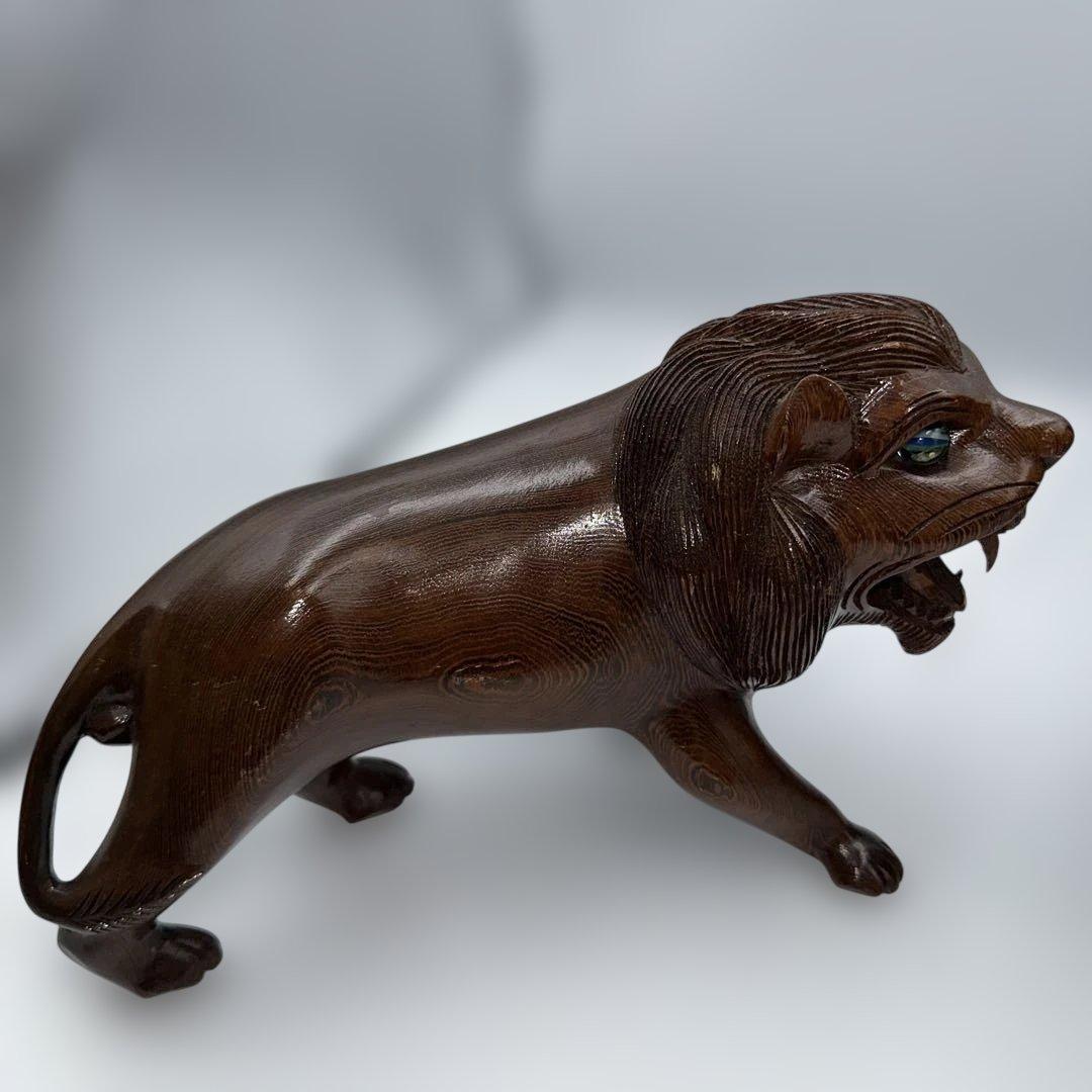 魔除け骨董品ライオンの木製彫刻 2体セット