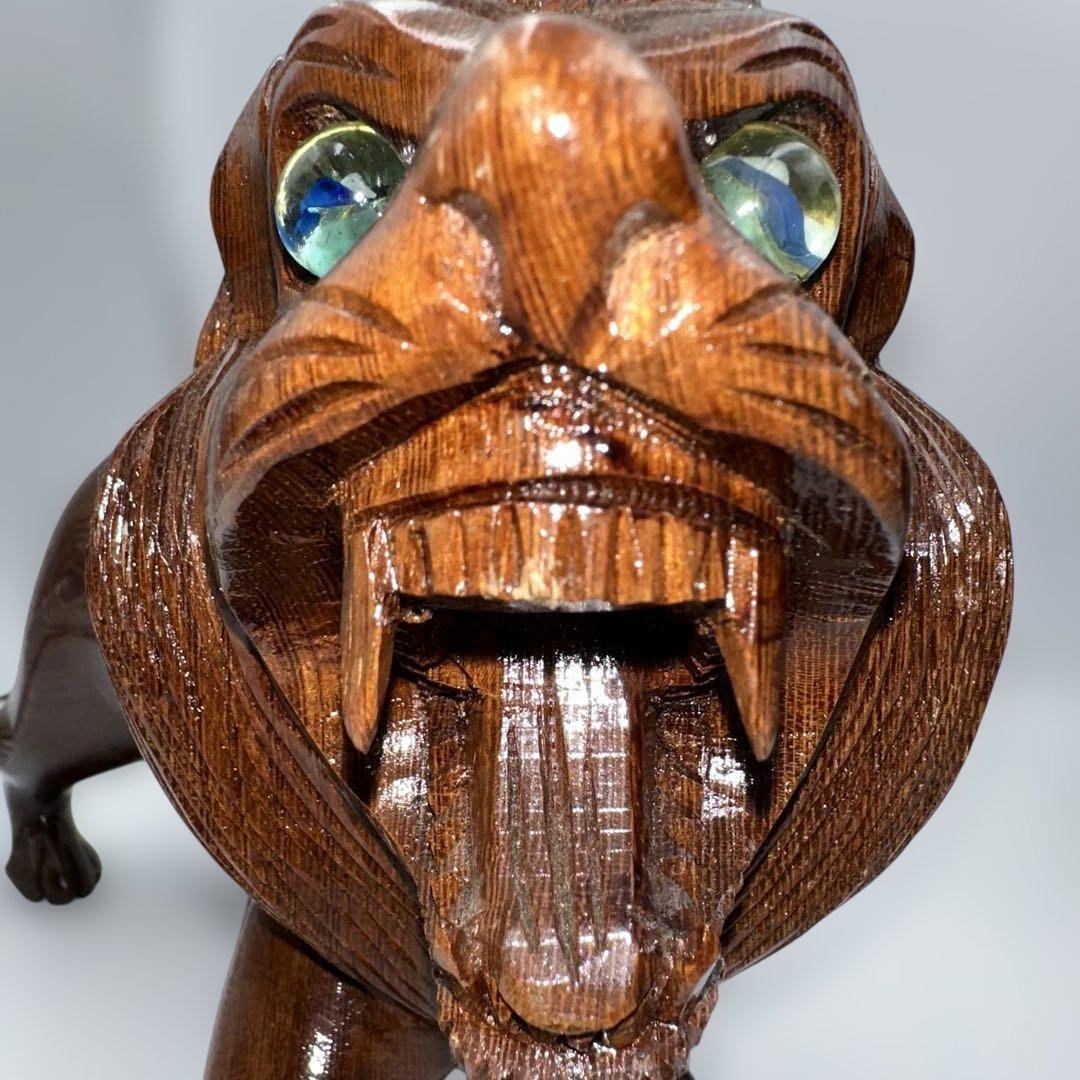 魔除け骨董品ライオンの木製彫刻 2体セット