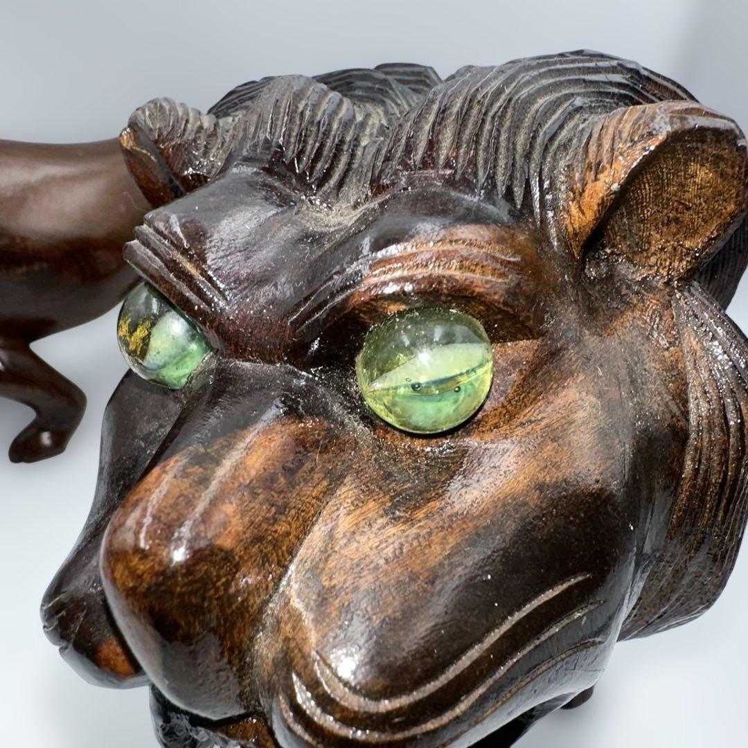 魔除け骨董品ライオンの木製彫刻 2体セット