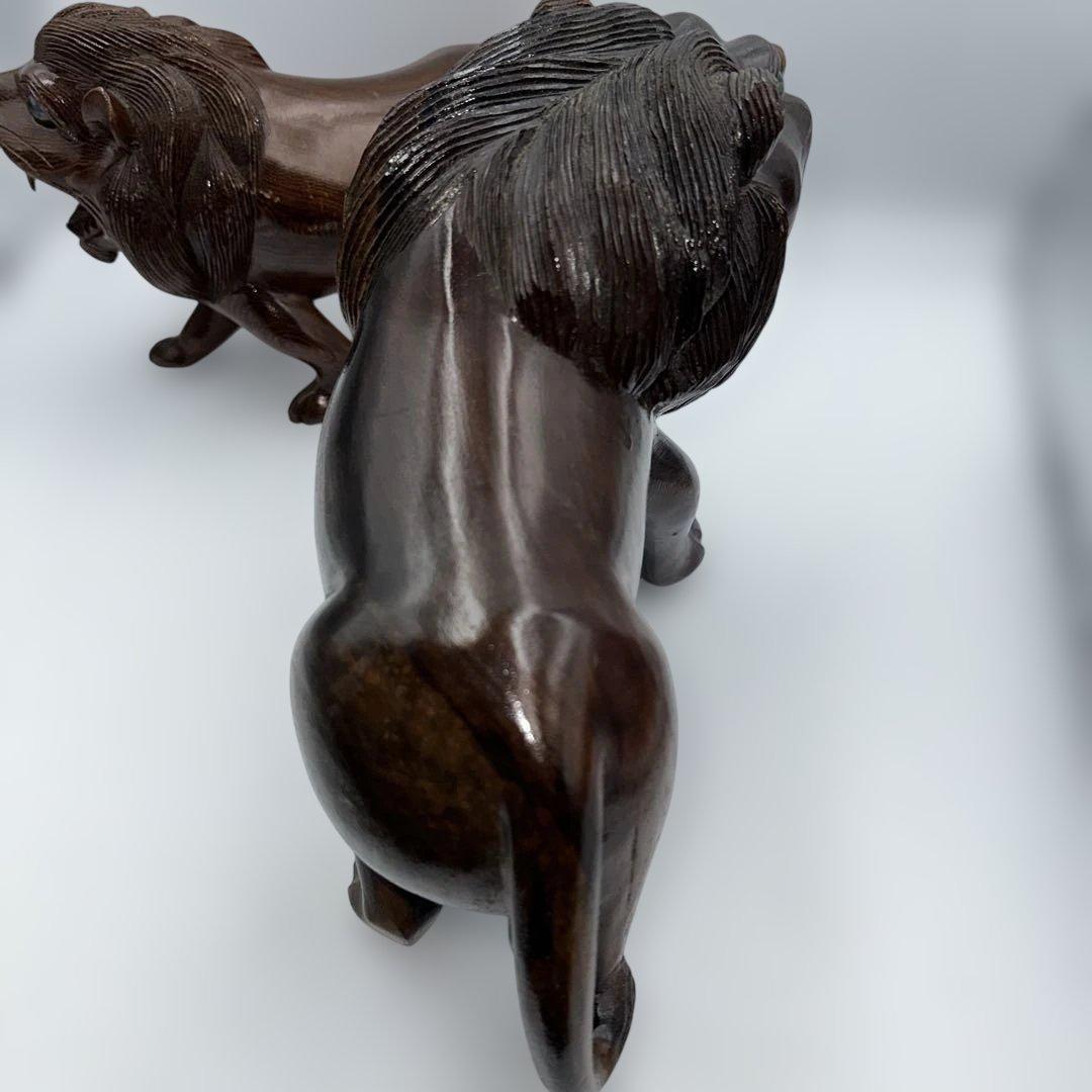 魔除け骨董品ライオンの木製彫刻 2体セット