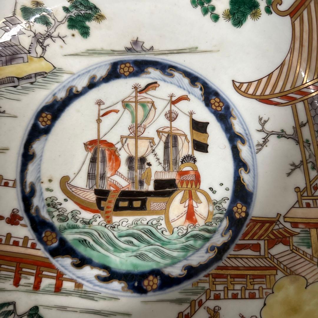 古伊万里、赤絵南蛮船、竜宮図輪花鉢、江戸時代。本物保障。