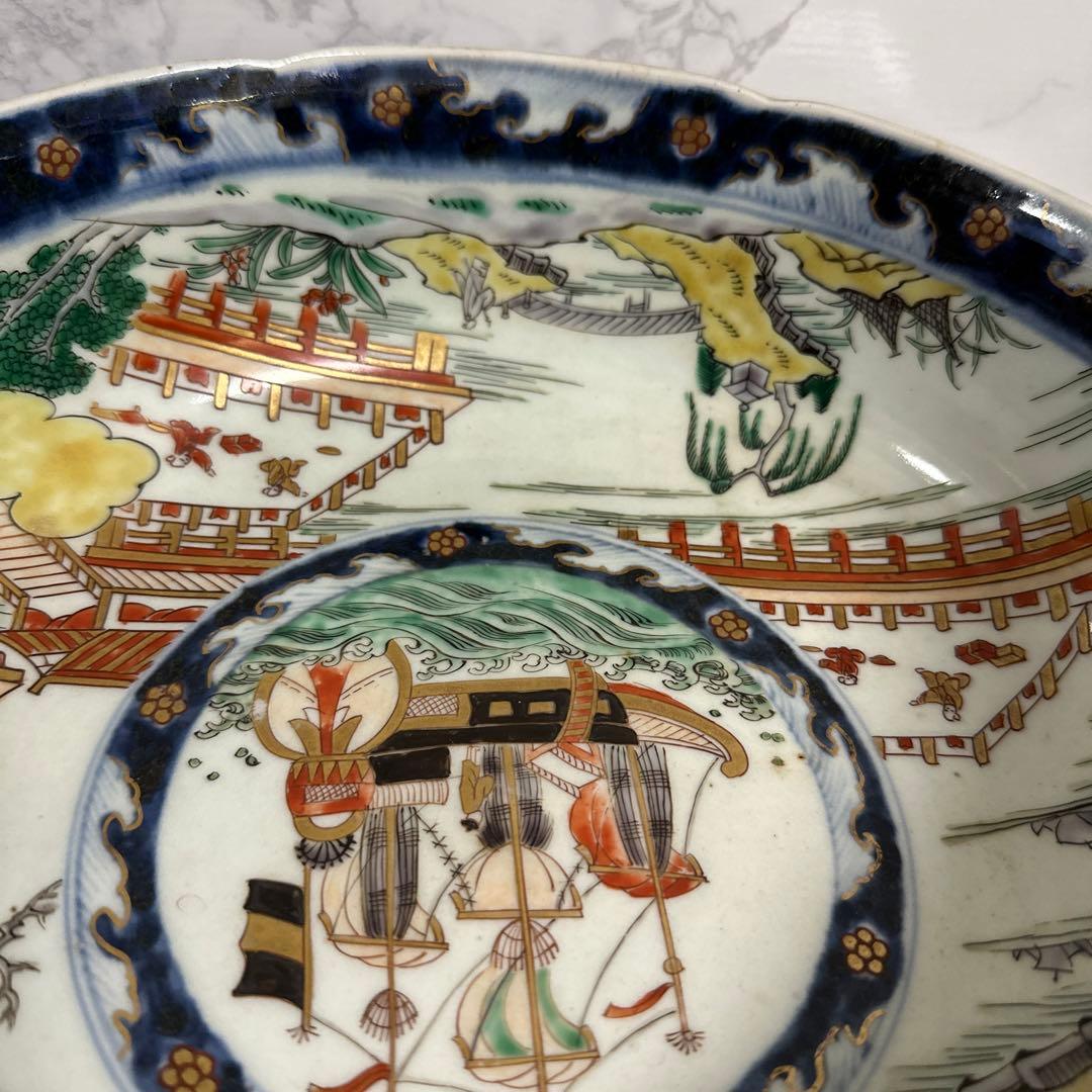 古伊万里、赤絵南蛮船、竜宮図輪花鉢、江戸時代。本物保障。