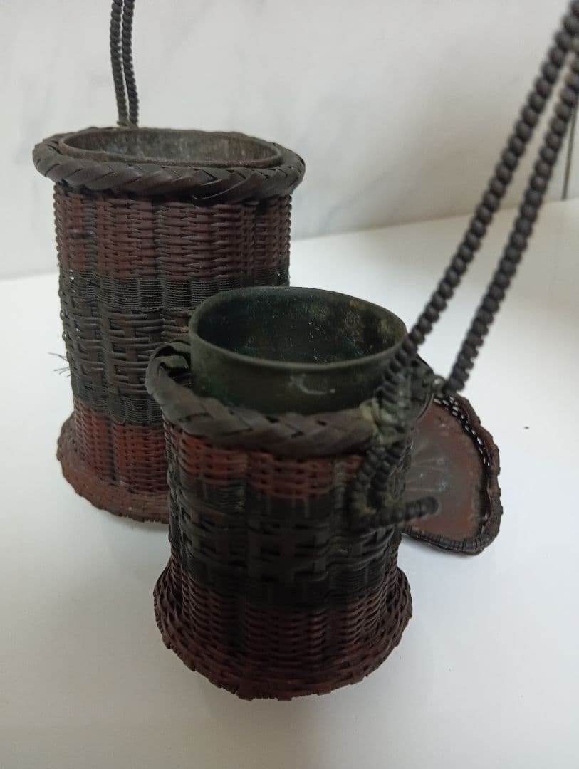 江戸時代武家旧家蔵出古銅製編込み細工茶道具置物アンティーク飾りコレクション