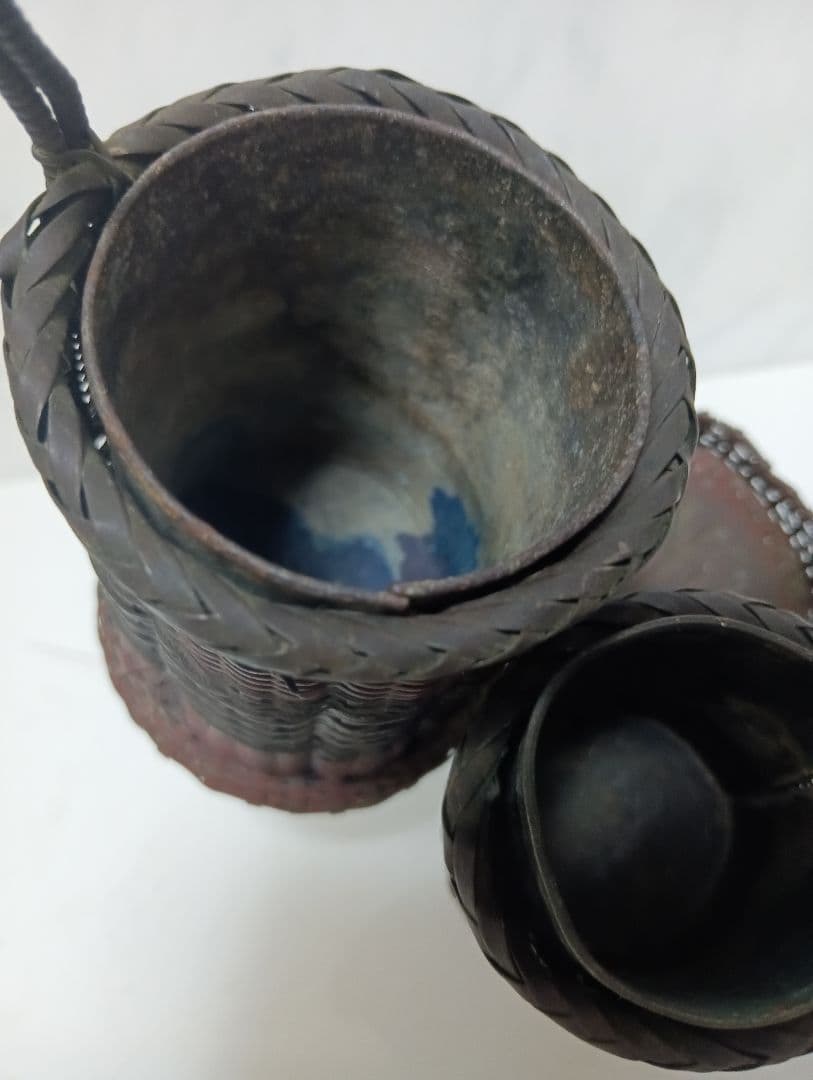 江戸時代武家旧家蔵出古銅製編込み細工茶道具置物アンティーク飾りコレクション