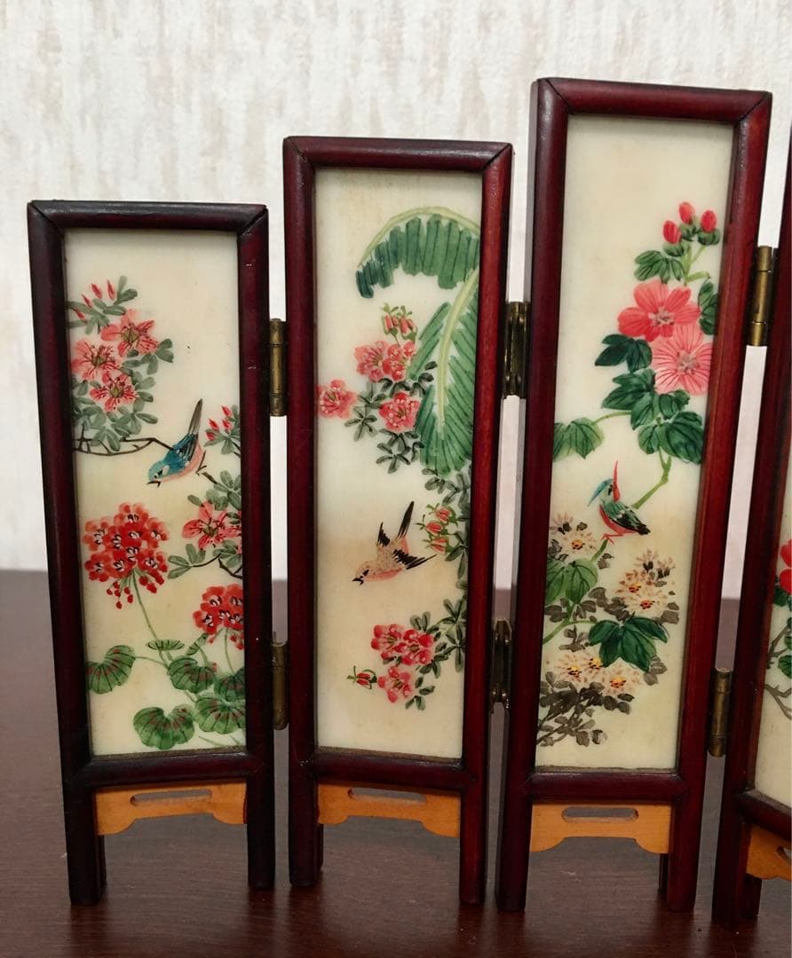 ★中国美術工芸品　天然石　ミニ屏風　両面飾り　風景画　花画