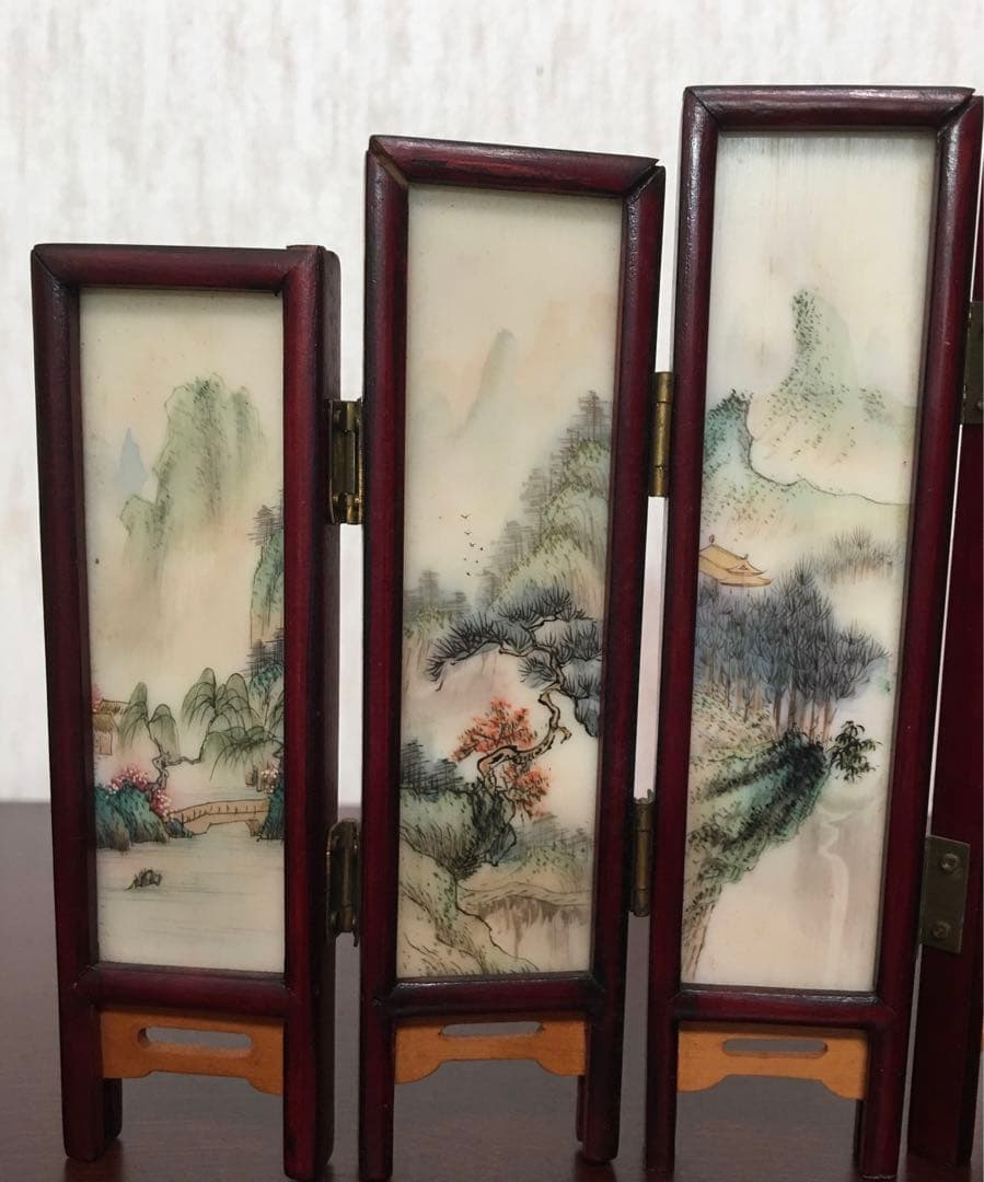 ★中国美術工芸品　天然石　ミニ屏風　両面飾り　風景画　花画