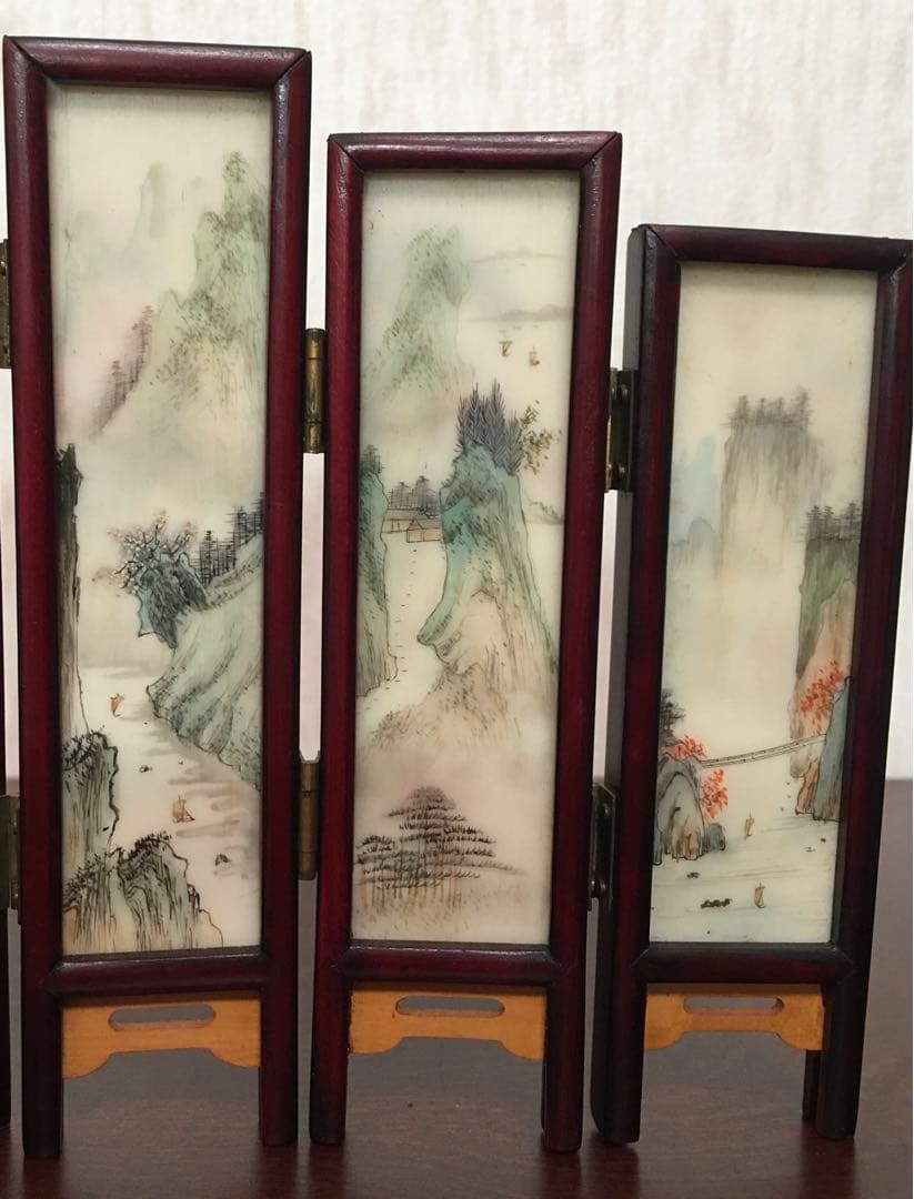 ★中国美術工芸品　天然石　ミニ屏風　両面飾り　風景画　花画