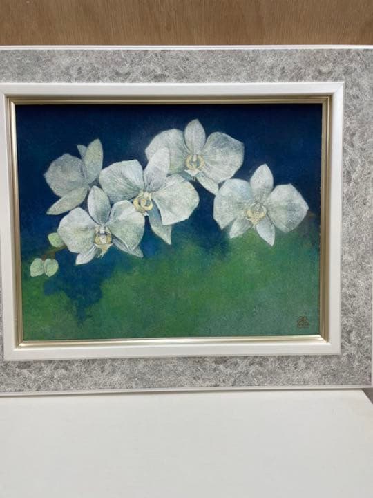 油絵F6  白胡蝶蘭  (板に油絵) 表面アクリル板付き  額グレー