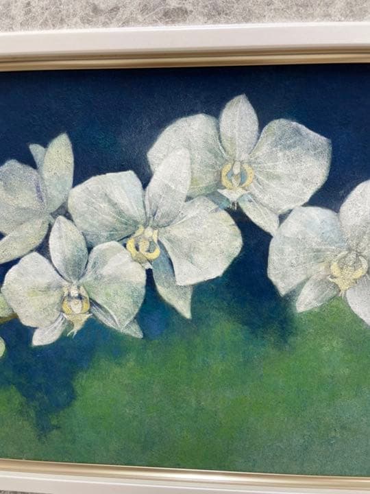 油絵F6  白胡蝶蘭  (板に油絵) 表面アクリル板付き  額グレー