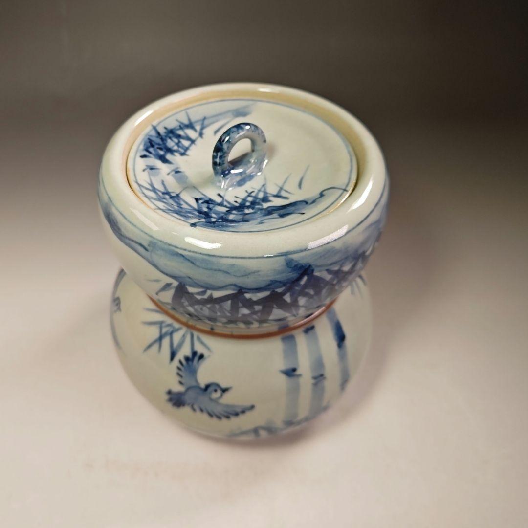 イ459 水指『水野菊晃作』『染付瓢形水指竹林仙人図　共箱　美濃焼』茶道具