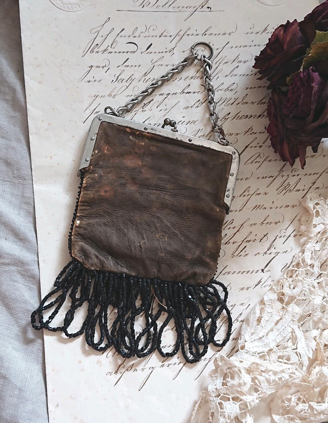 1800年後期 シャモア 裏地 アンティーク ビーズ パース