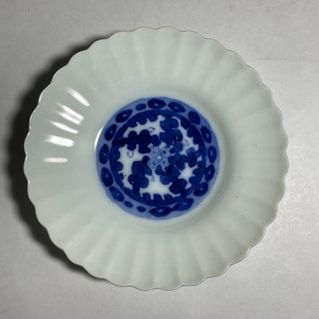 ◆染付菊形輪花皿7枚 花文 小皿中皿 旧家蔵出し品 美品 江戸幕末期〜明治初期◆