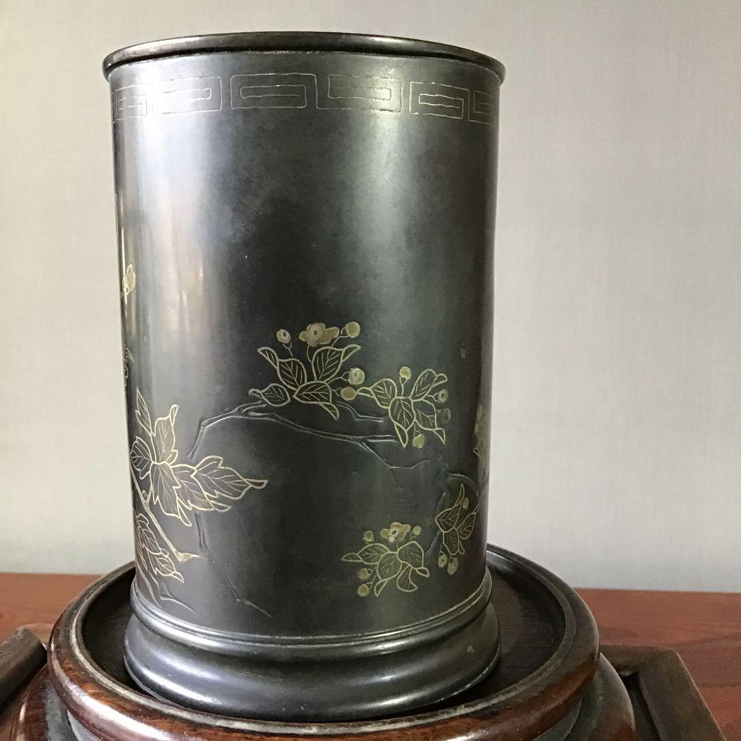 古銅地　木蓮花極細密象嵌　　筆筒　　明治期