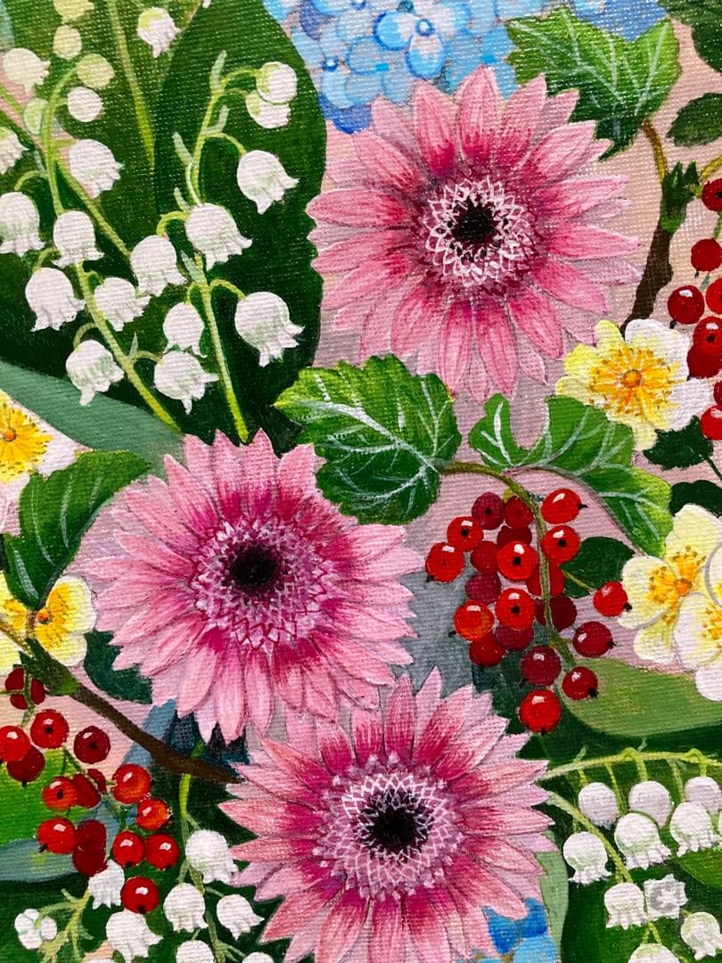 花の絵　アクリル画　原画「スズランとスグリの実のあるアレンジ」30cm