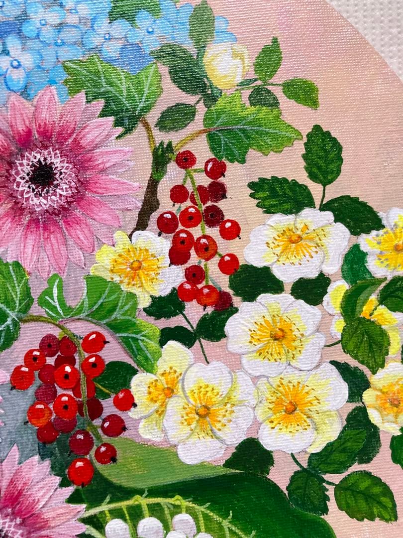 花の絵　アクリル画　原画「スズランとスグリの実のあるアレンジ」30cm