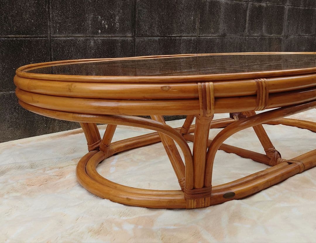 KAZAMAラタン 籐 大型ガラスローテーブル 座卓 風間カザマ ちゃぶ台 木製