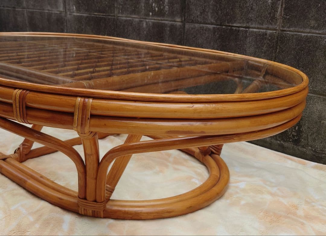 KAZAMAラタン 籐 大型ガラスローテーブル 座卓 風間カザマ ちゃぶ台 木製