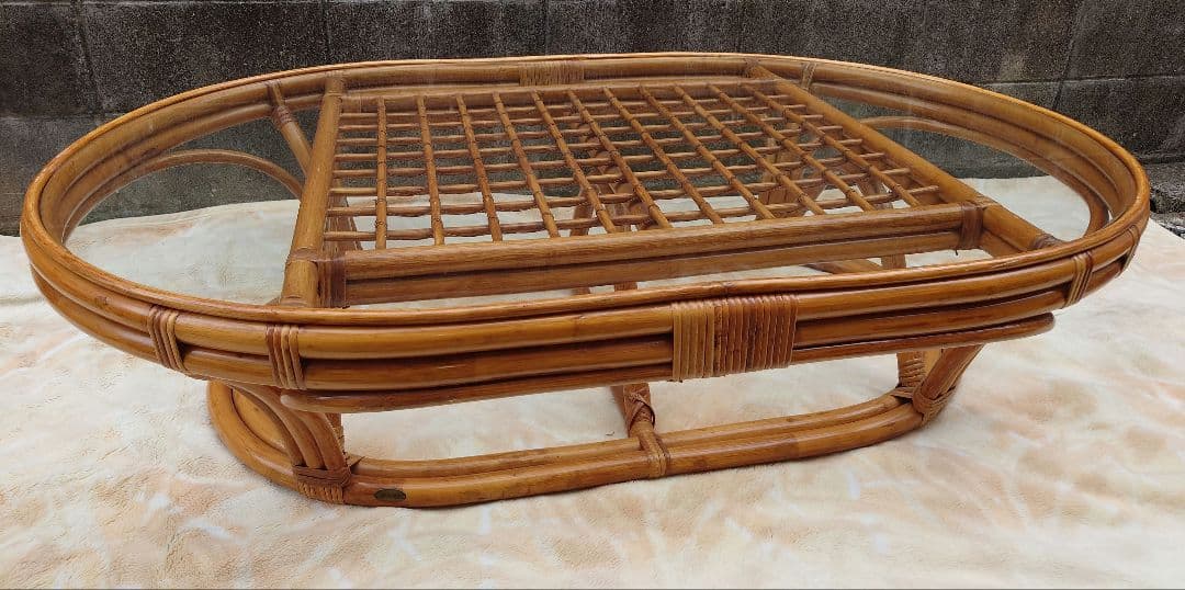 KAZAMAラタン 籐 大型ガラスローテーブル 座卓 風間カザマ ちゃぶ台 木製