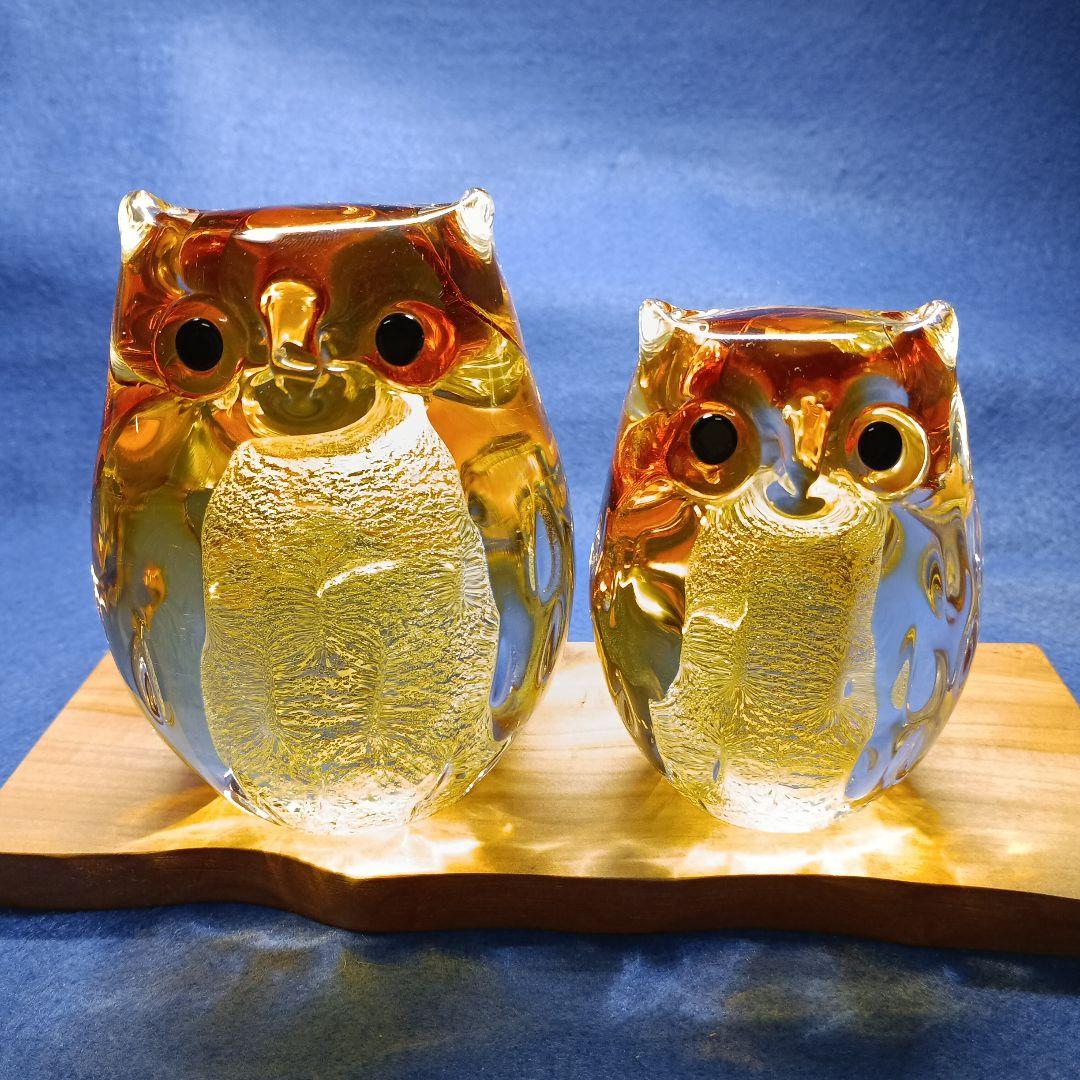 津軽びいどろ親子フクロウ ガラスオブジェ 2個セット
