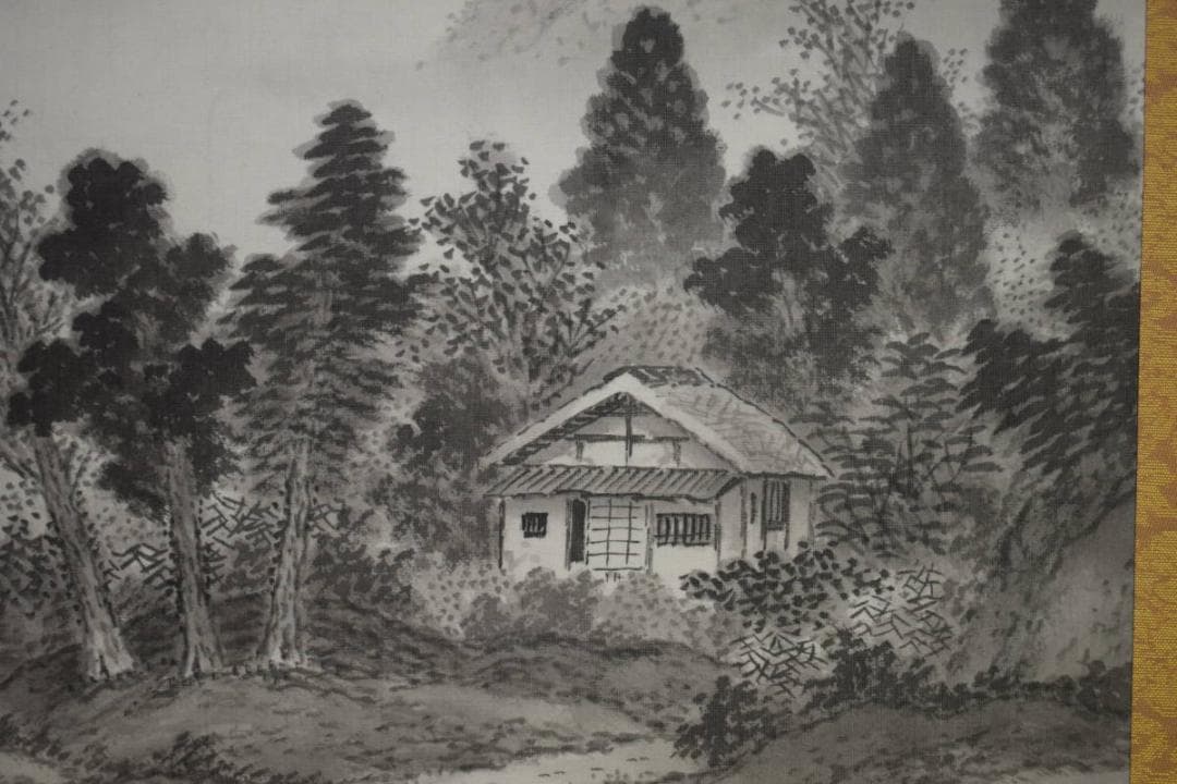 真作/羽田晃雅/水墨山水図/桐共箱二重箱付/布袋屋掛軸HG-593