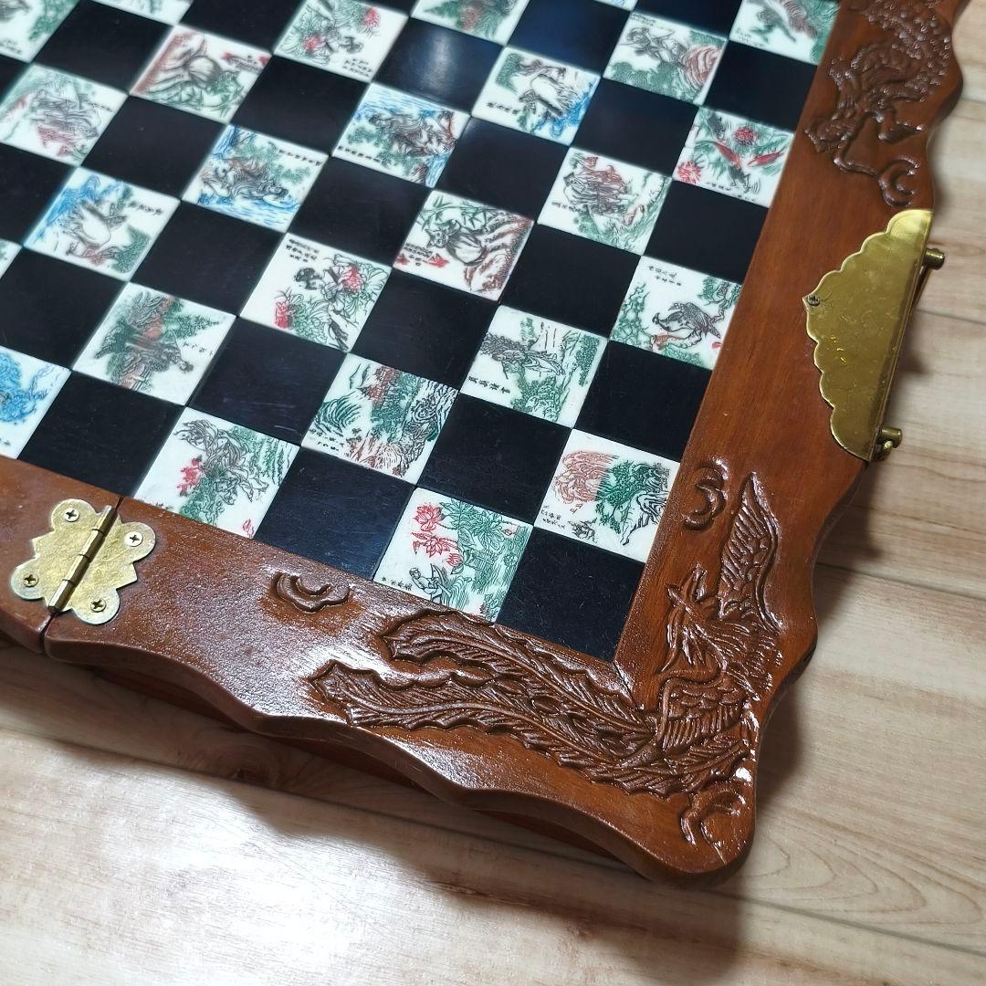 アンティーク木製チェスボード ヴィンテージ 手彫り 木彫り チェス ボード 新品