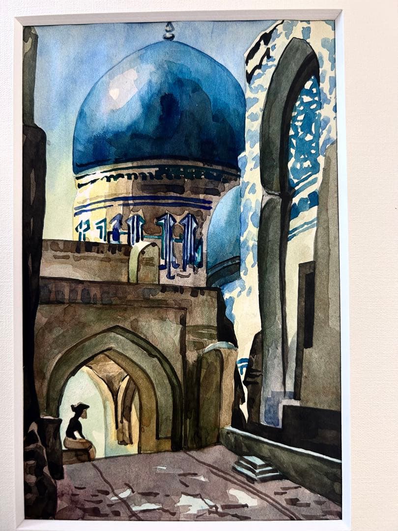 ウズベキスタンのサマルカンド　シャーヒ・ズィンダ廟群　肉筆水彩画　4作　額装