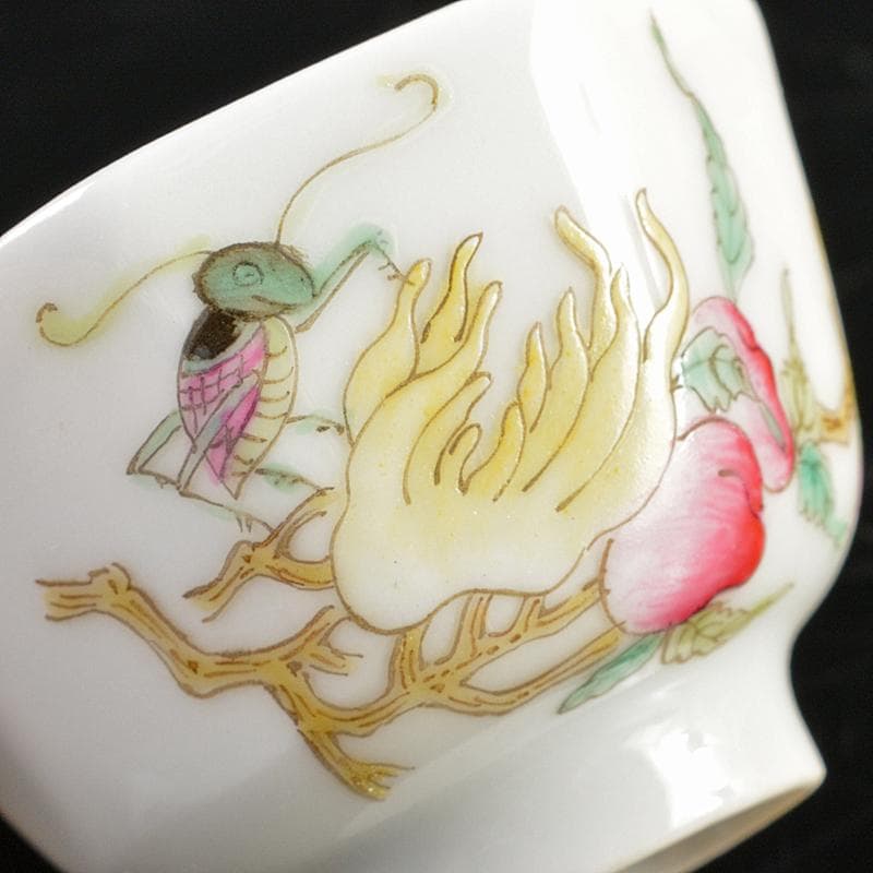 中国　同治年製款　粉彩　螽斯柘榴文　八角煎茶碗　五客　時代箱付　M　R6249E