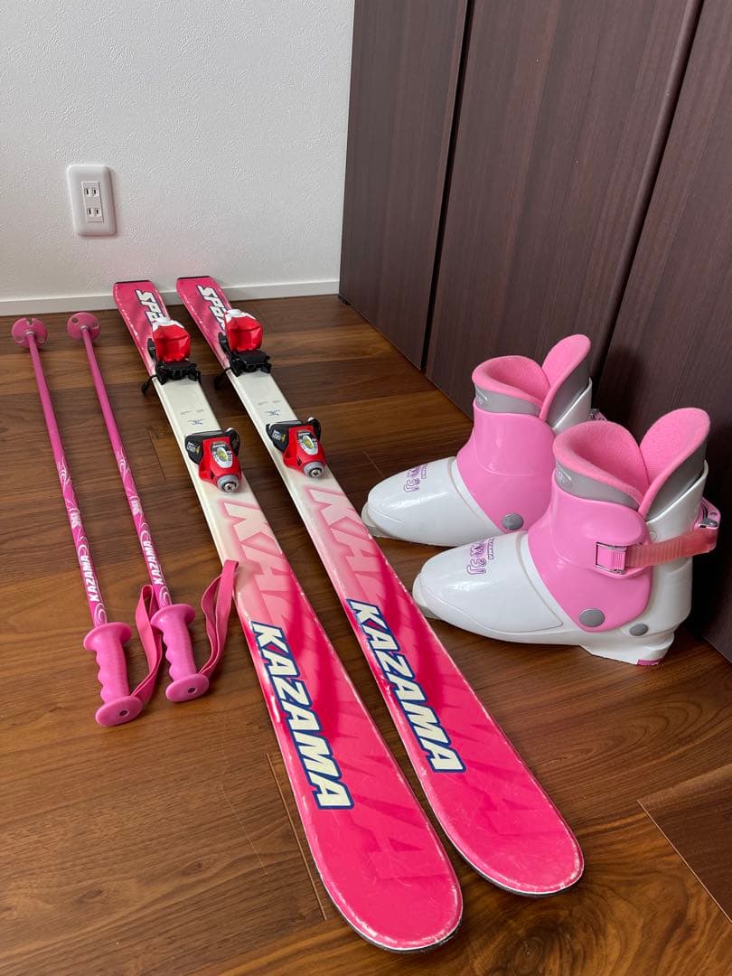 KAZAMA スキー板130㎝ ストック ブーツ セット ピンク ジュニア