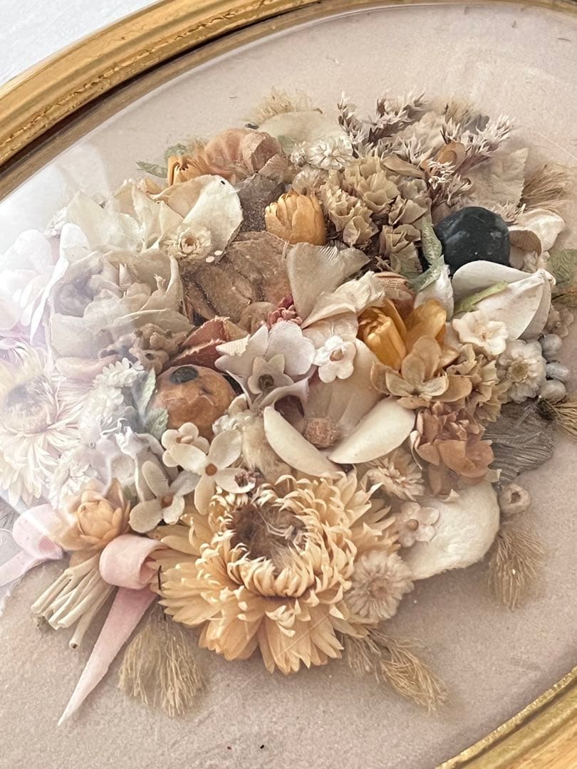 【美品】フランスアンティーク ドライフラワー ドーム ゴールドフレーム 3640