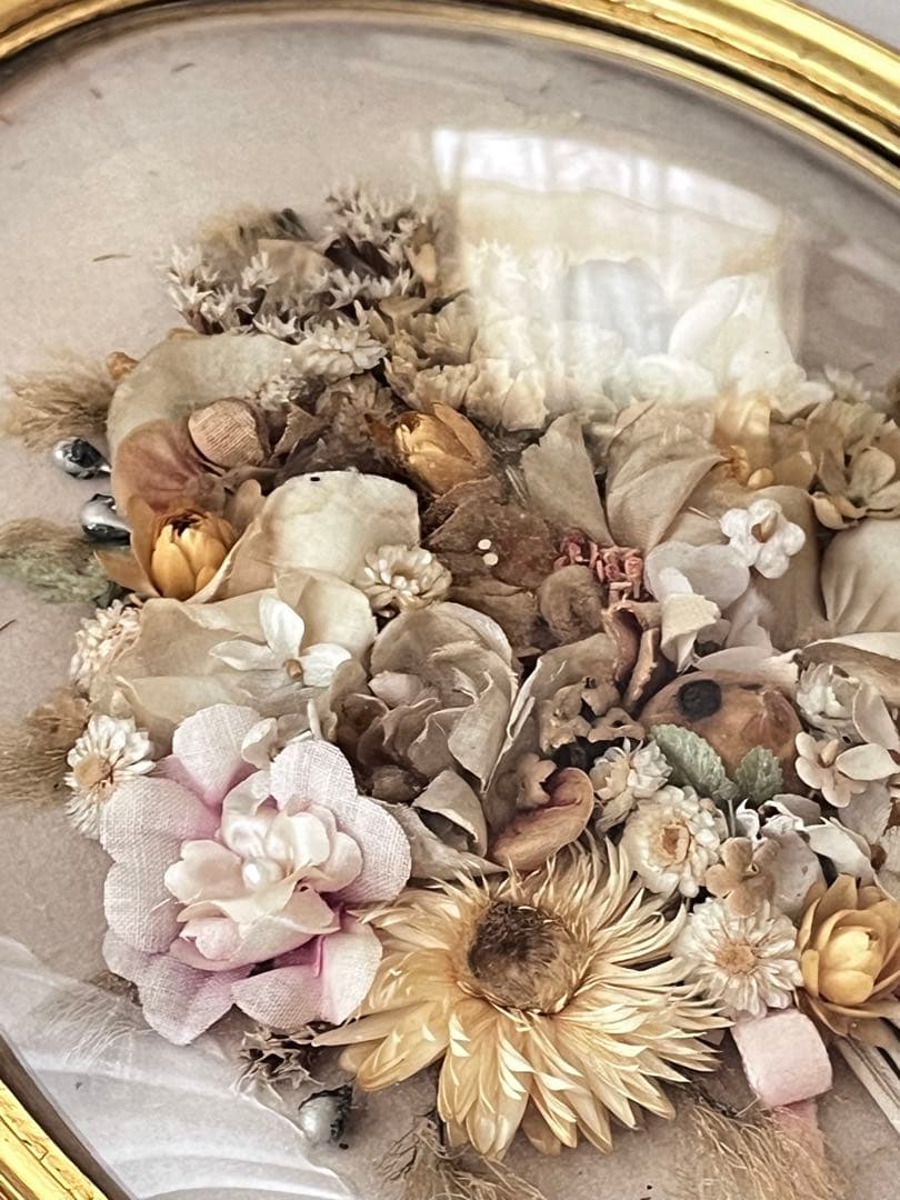 【美品】フランスアンティーク ドライフラワー ドーム ゴールドフレーム 3640
